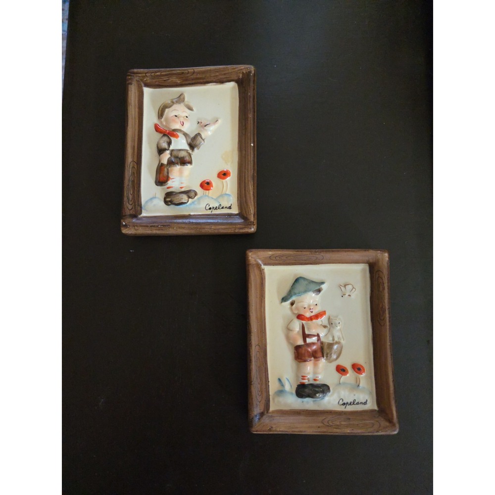 Vintage Copeland Ceramic Wall‎ Art Plaques Boy Figurines Set of 2